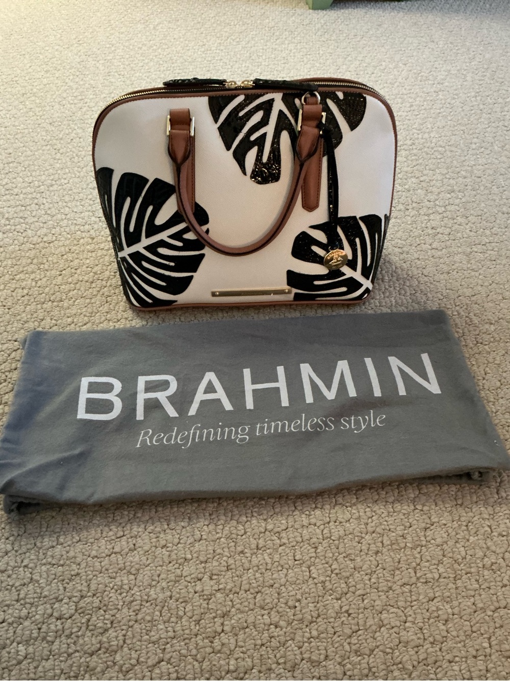 Brahmin Black & White Floral Dome Satchel with Brown Trim